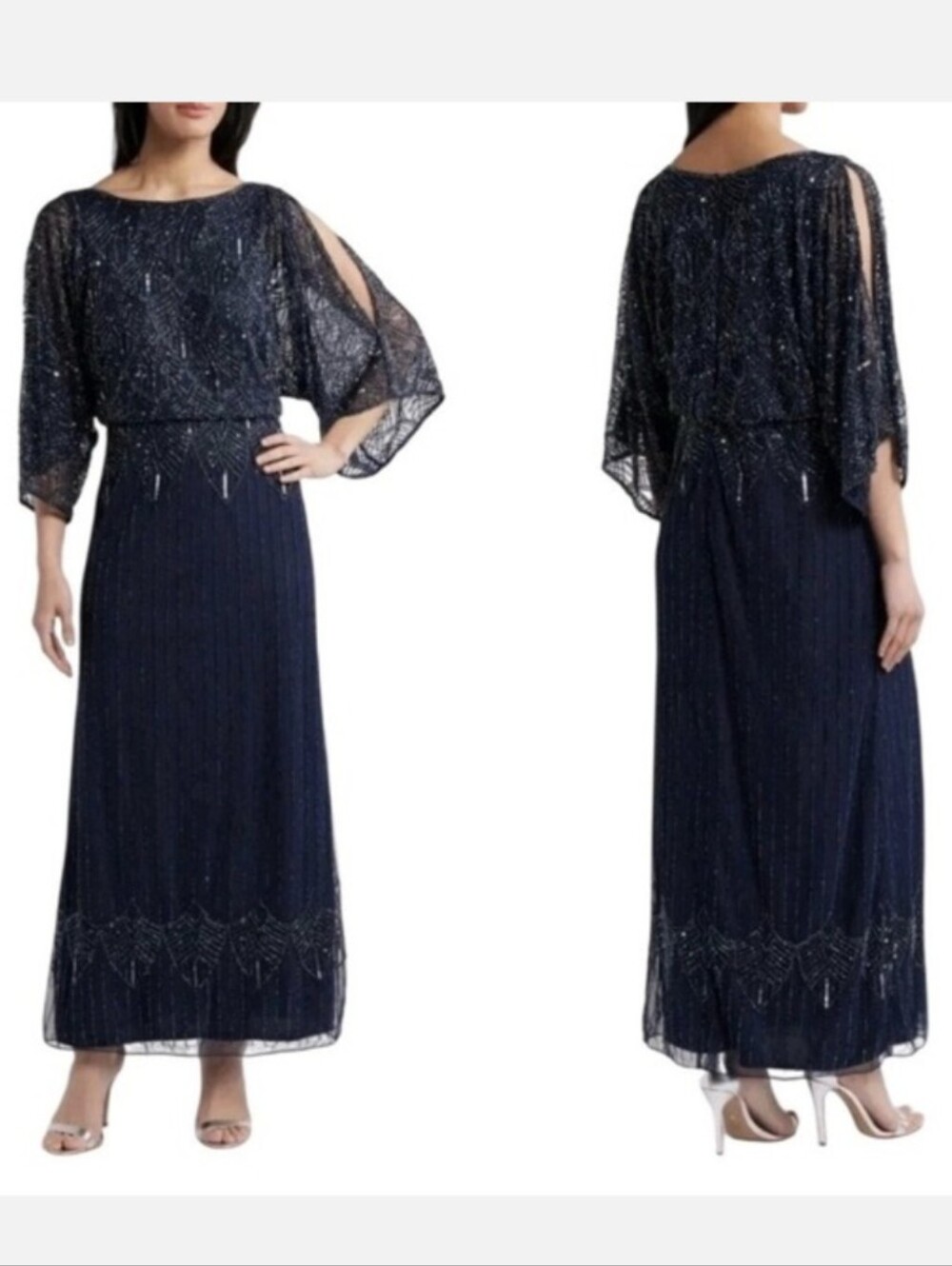 Pisarro Nights Beaded Blouson Split Sleeve Sequin Gown Navy Size 12